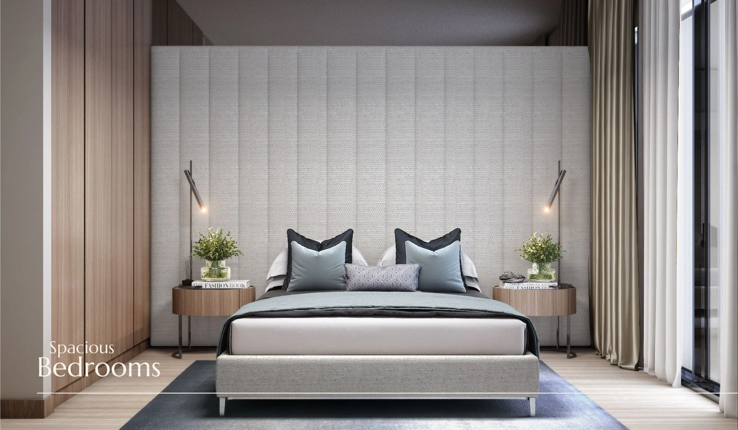 Enaya Residences bedroom with neutral tones and soft lighting