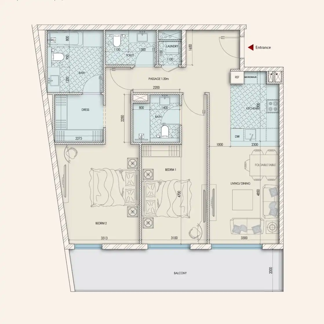 Floor plan of 1 bedroom apartment at Enaya Residences Dubai