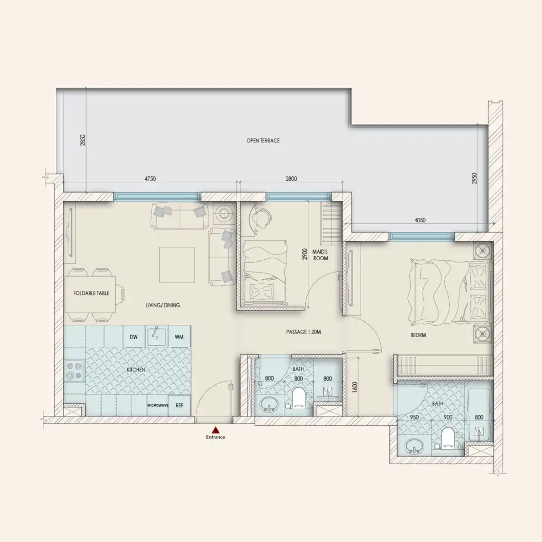 Corner layout 2 bedroom apartment floor plan at Enaya