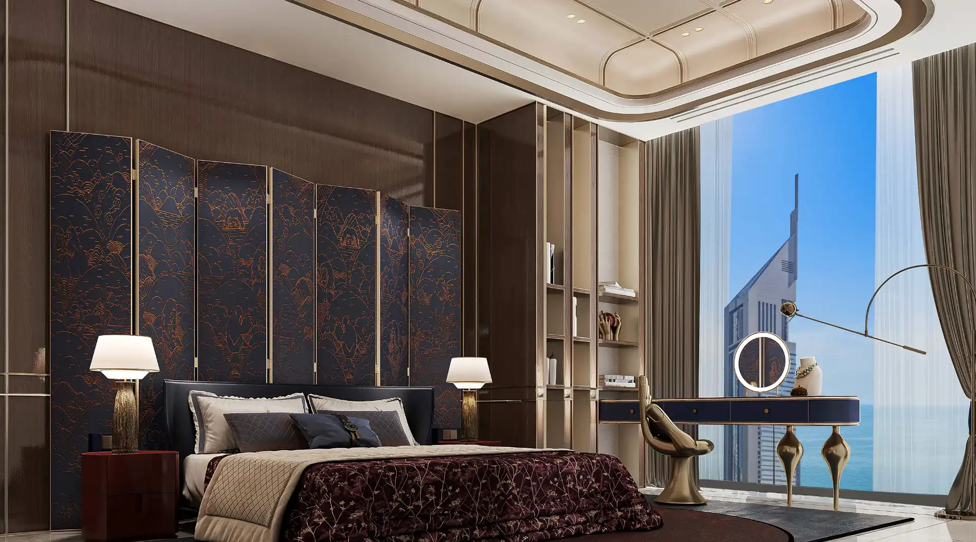 Master bedroom with skyline view at Burj Azizi