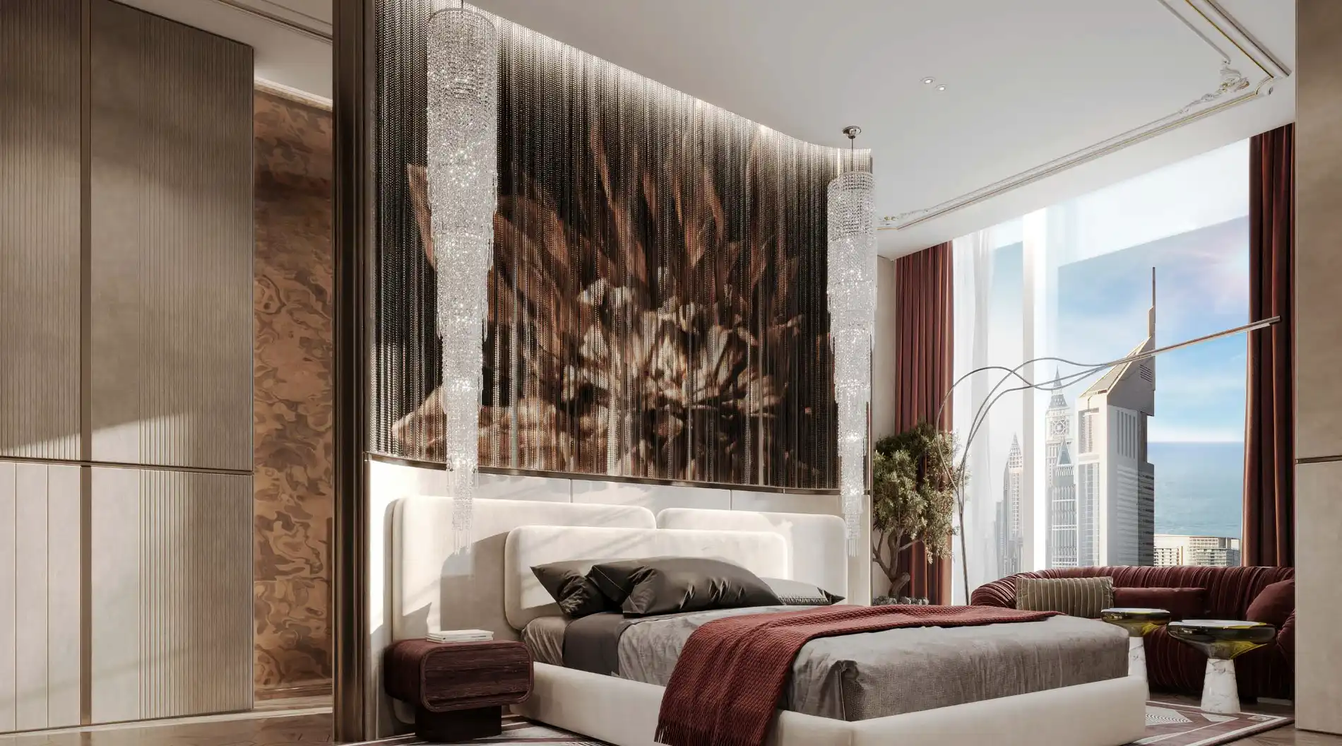 Daylight bedroom interior in Burj Azizi