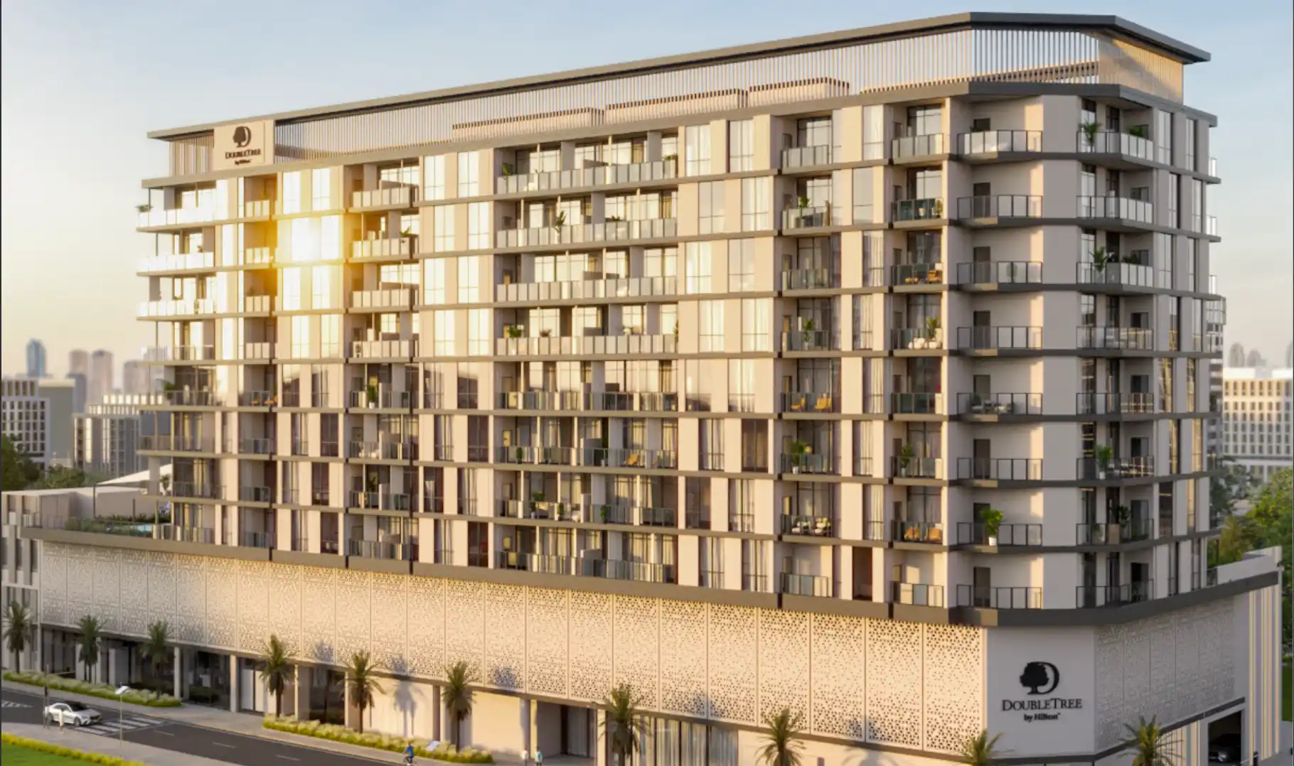 Aerial view of DoubleTree Residences tower in Dubai