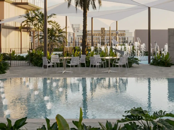 Evening view of the illuminated swimming pool