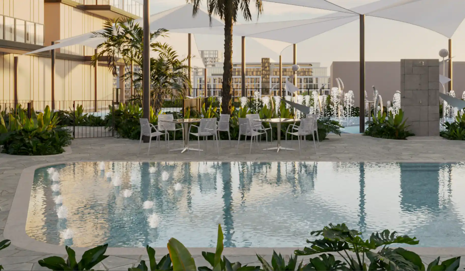 Evening view of the illuminated swimming pool
