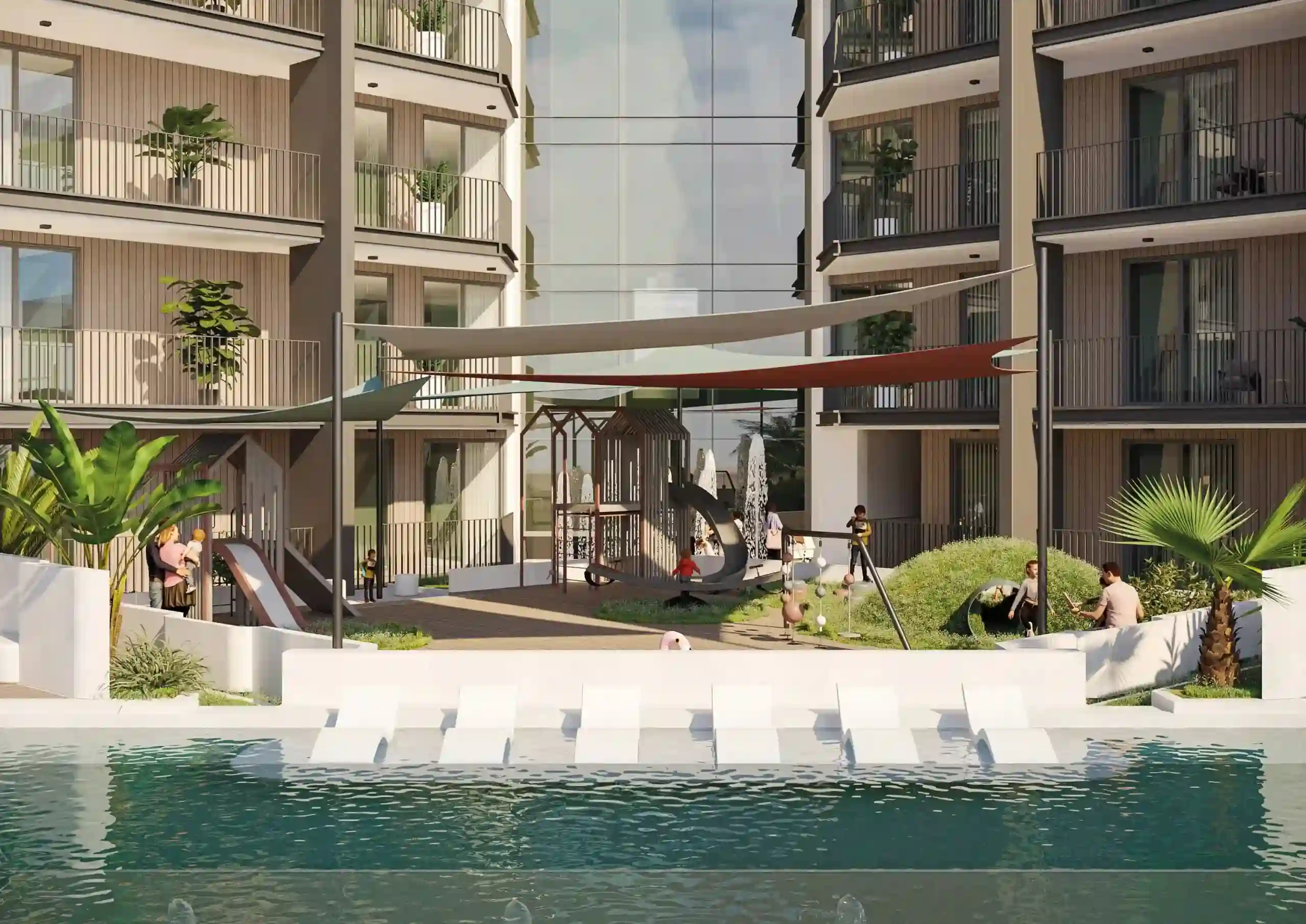 Exterior view of Floarea Residence with balcony plunge pools