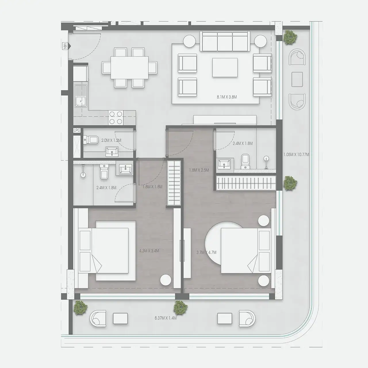 Corner unit floor plan at Valores Residences Dubai