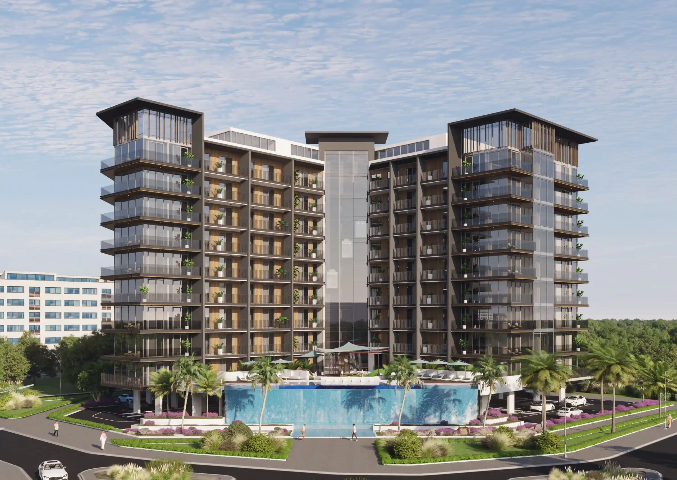 Front view of Floarea Residence building in Arjan, Dubai