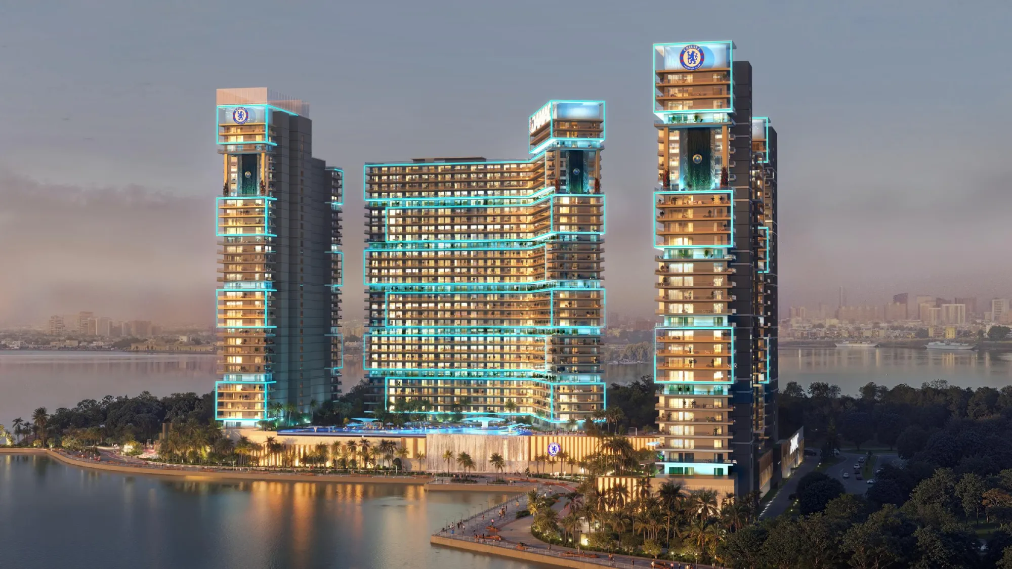 Side view of Chelsea Residences with waterfront backdrop