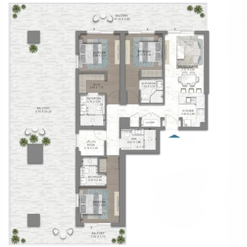 3 bedroom apartment floor plan at Chelsea by DAMAC