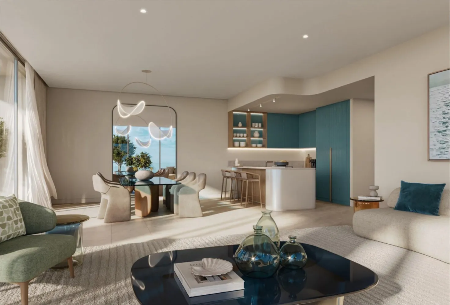 Chelsea Residences interior with sofa, dining and view