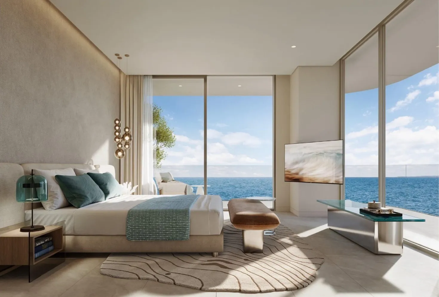 Calm, modern bedroom in Chelsea Residences with warm finishes