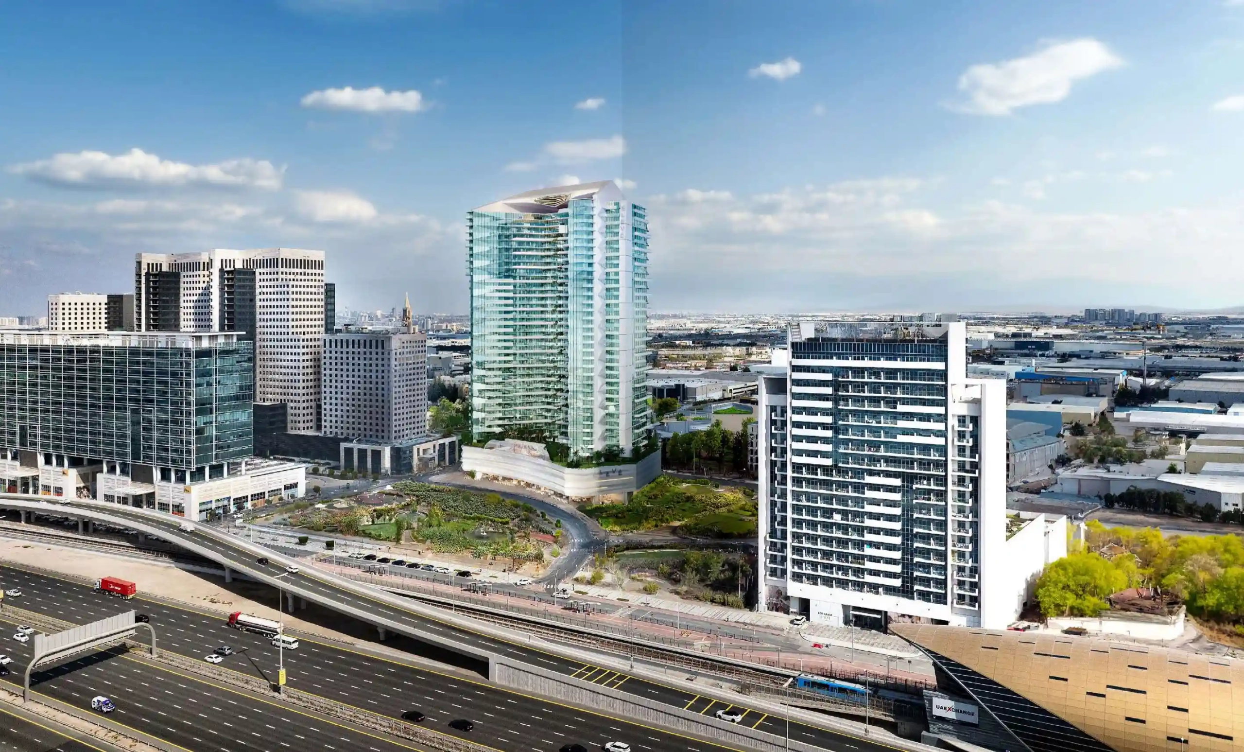 Aerial view of ÉLEVÉ tower and surrounding cityscape