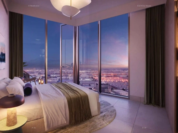 Bedroom at Eleve by Deyaar with warm textures and large windows