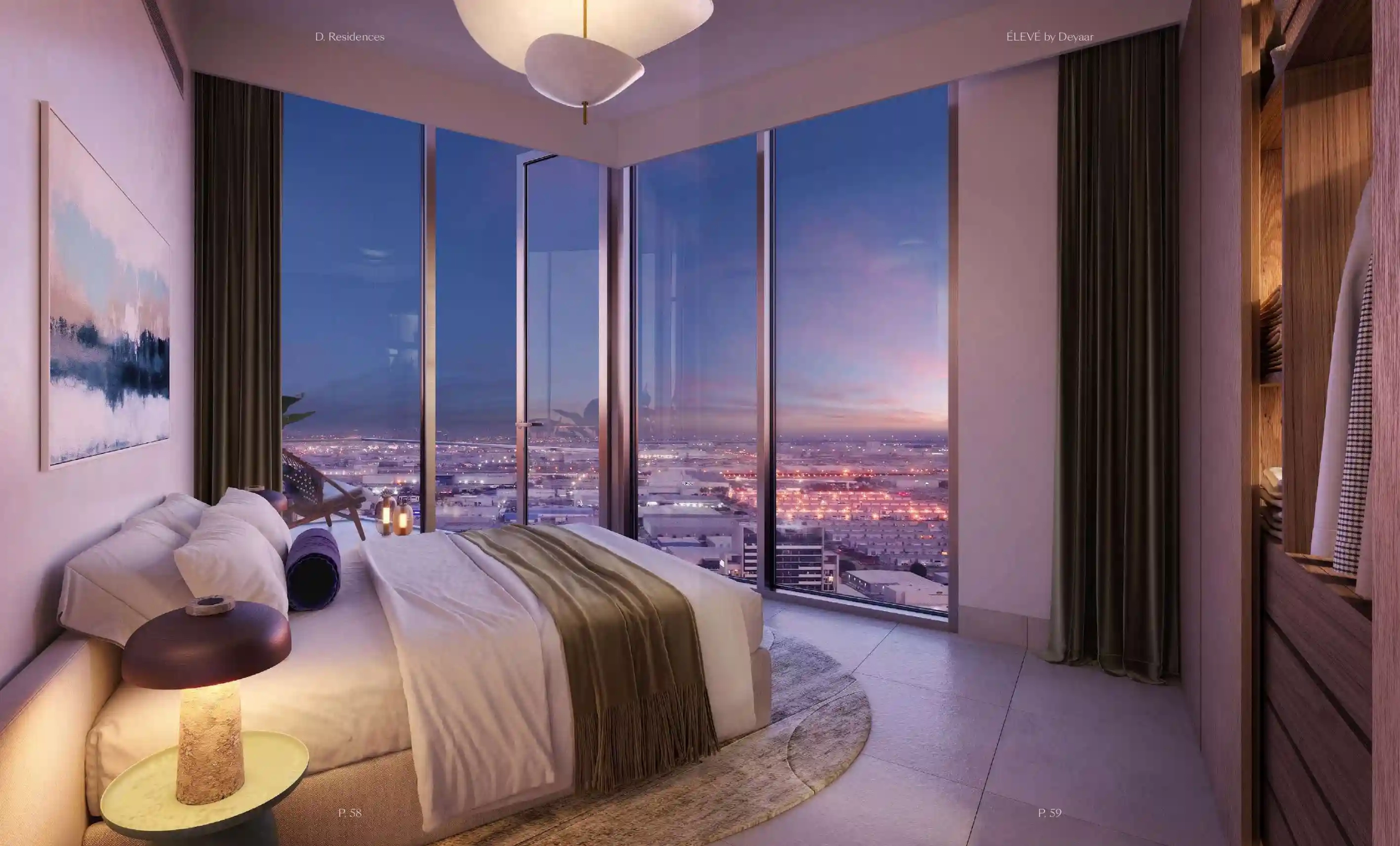 Bedroom at Eleve by Deyaar with warm textures and large windows