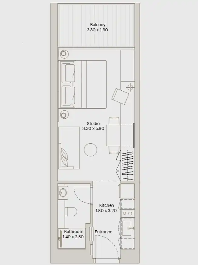 Studio apartment layout floor plan at ÉLEVÉ Dubai