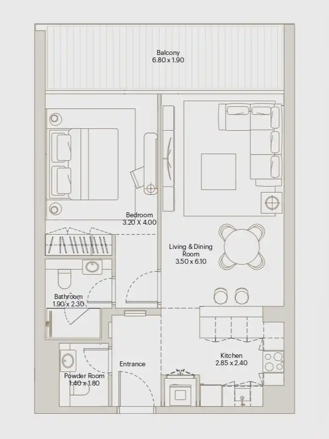 1 bedroom apartment floor plan at ÉLEVÉ Downtown Jebel Ali