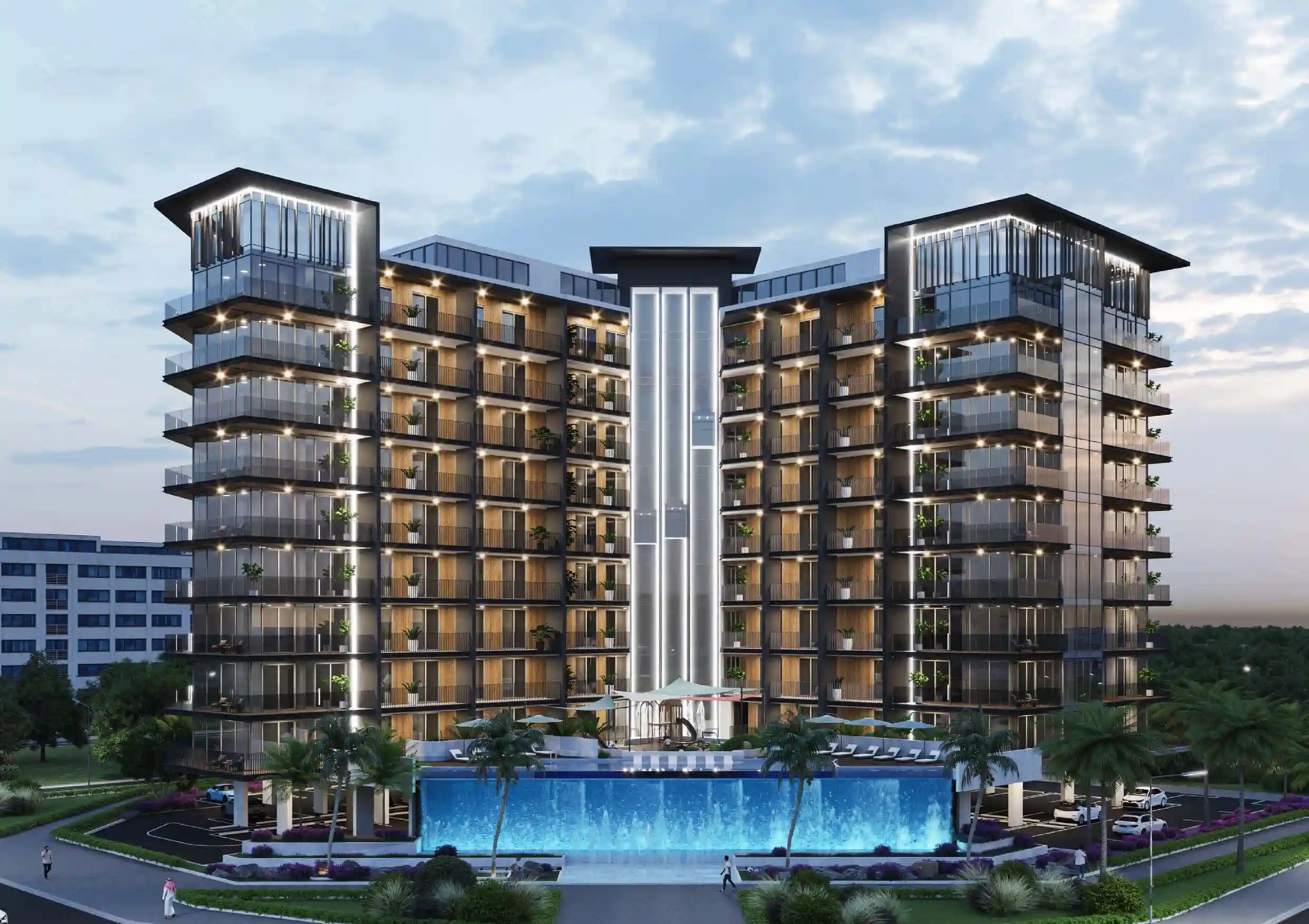 Night view of Floarea Residence building with lighting