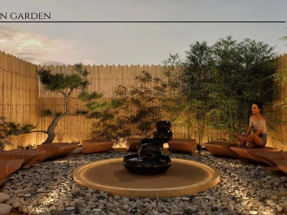 Zen garden with landscaped greenery at Trafford Residences