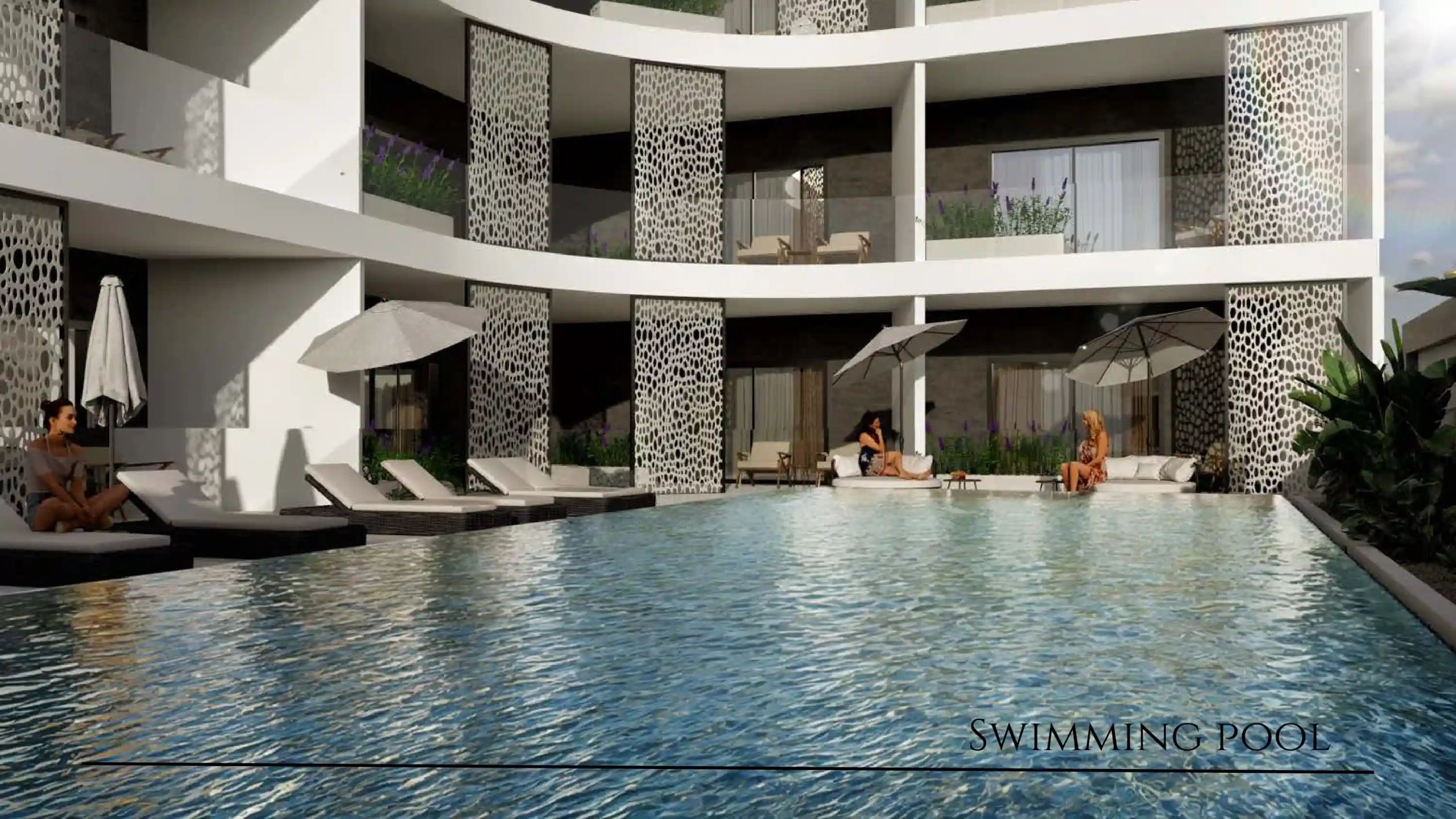 Poolside seating and deck at Trafford Residences by DV8