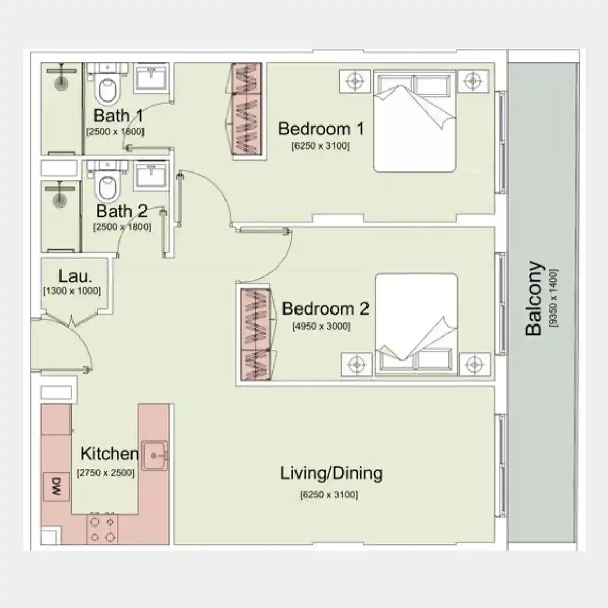 Two-bedroom apartment layout at Trafford Residences Dubai South