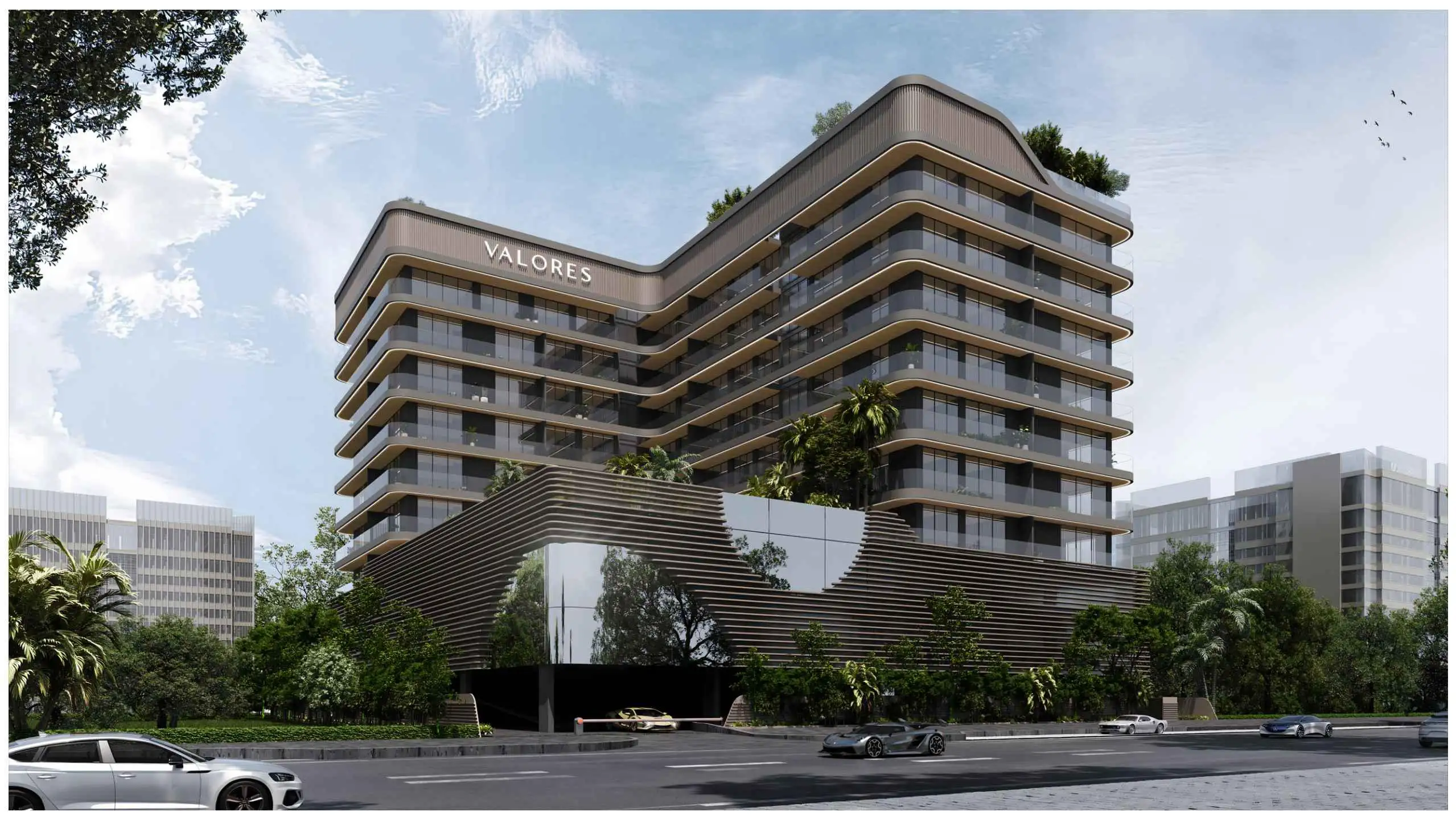 Valores Residences exterior view with modern façade in Al Furjan