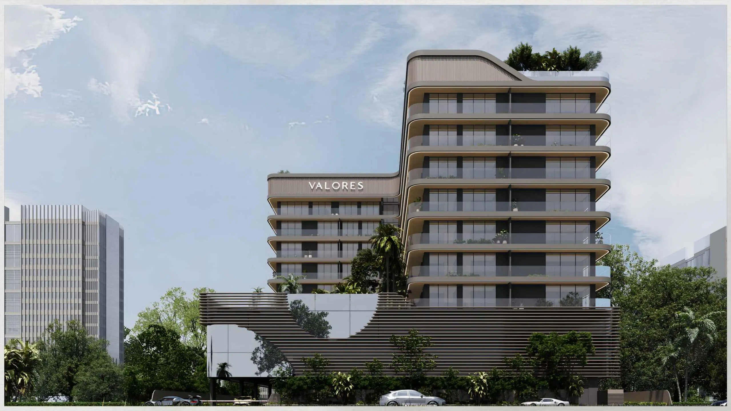 Night view of Valores Residences in Al Furjan Dubai