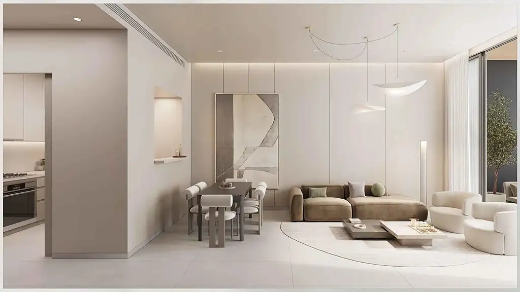 Open-plan living and dining area in Valores Residences