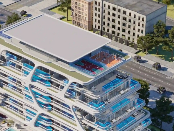 Night view of Samana California with illuminated balconies