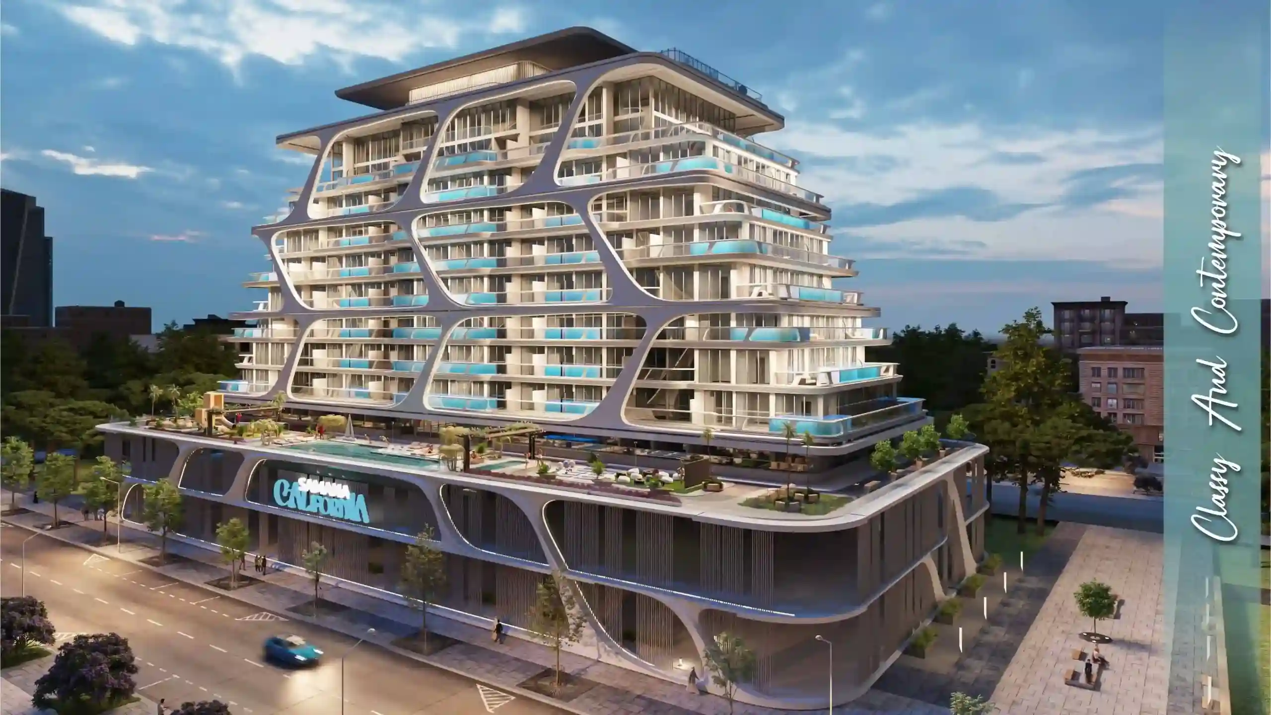 Front-facing pool apartment views at Samana California