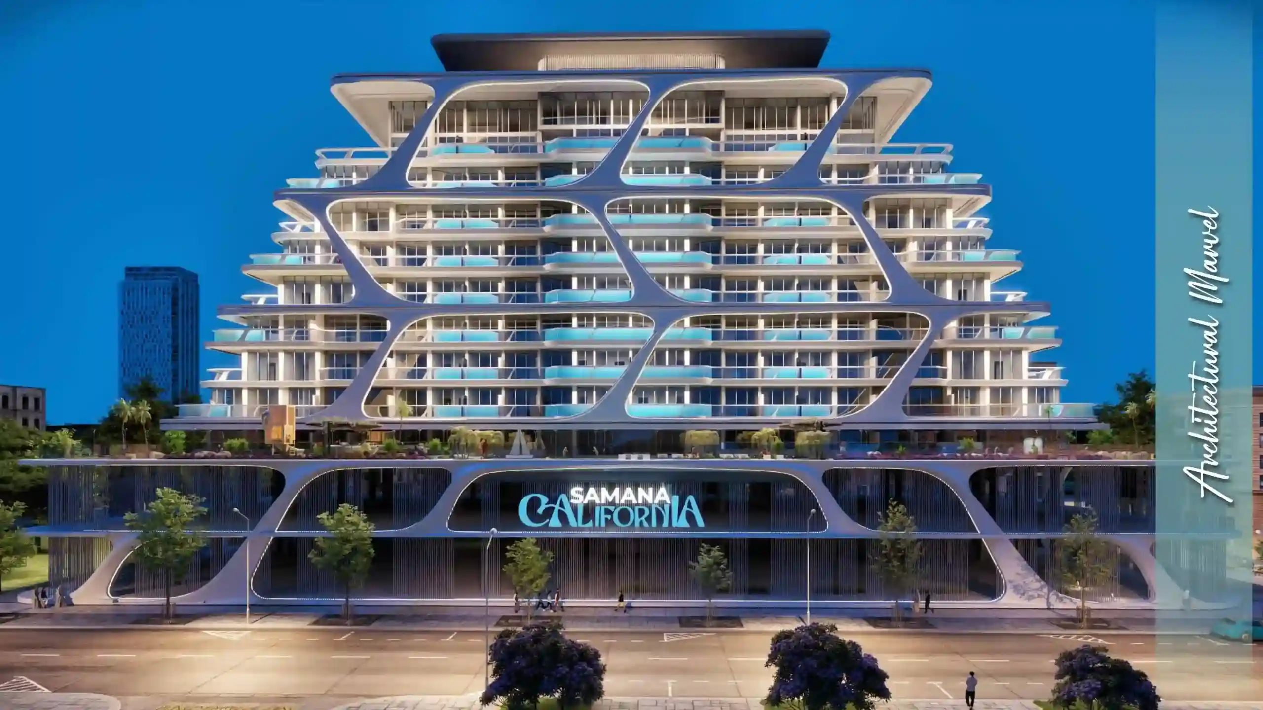 Rooftop view of Samana California with gym, cinema & pool