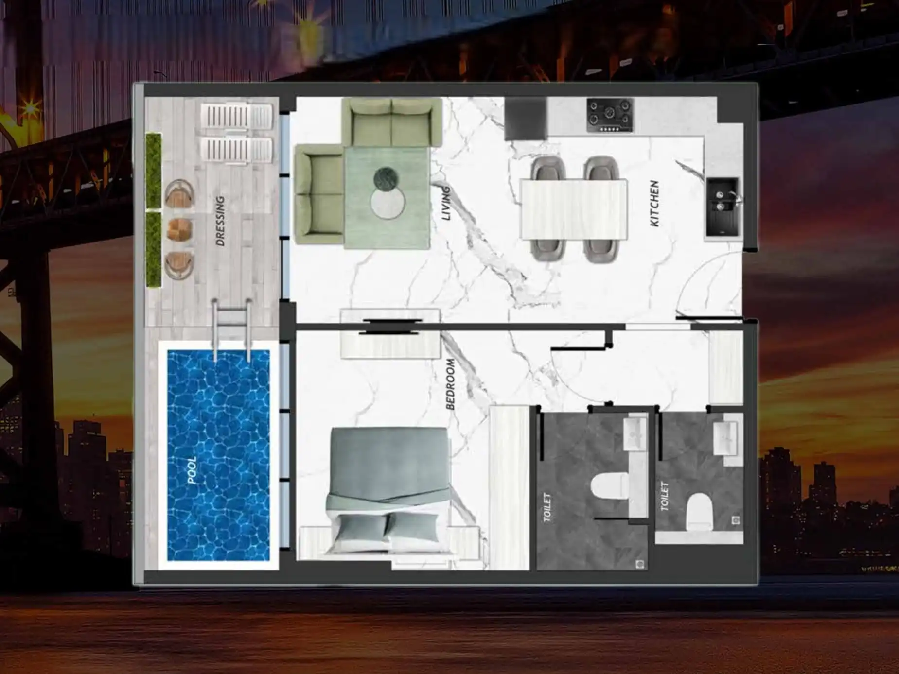 1 bedroom apartment layout in Samana California